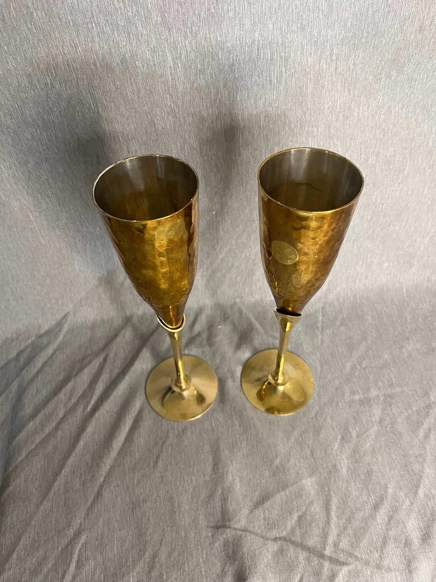 Pair of Vintage Hammered Brass Champagne Stemware Glasses