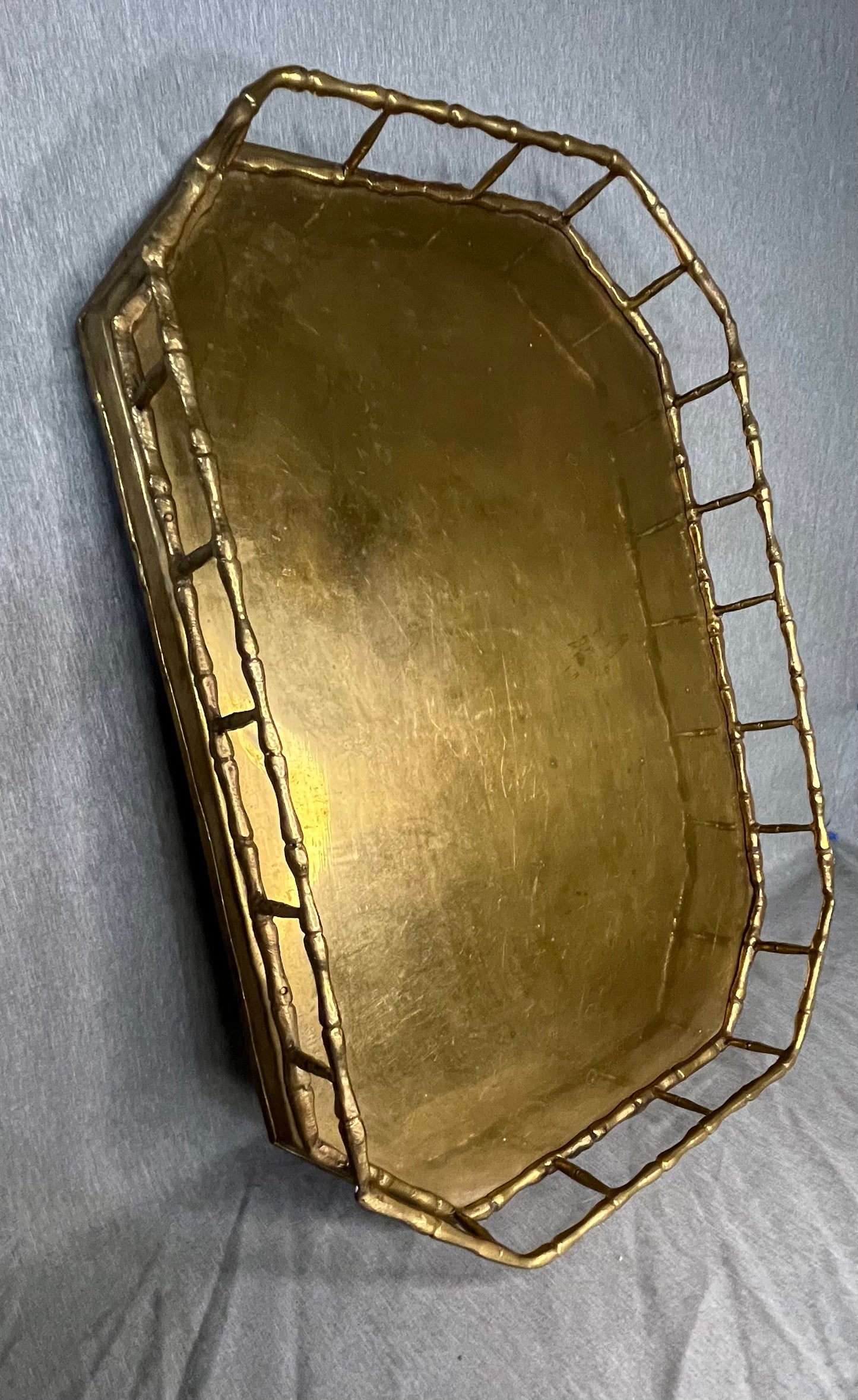 Large Brass with Faux Bamboo Elongated Octagonal Serving Tray