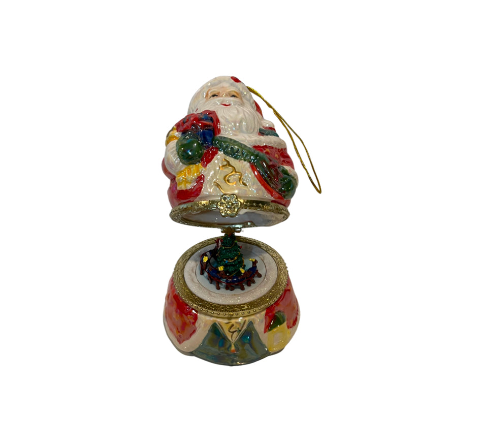 Mr. Christmas Animated  Porcelain Santa with Wreath Music Box Ornament