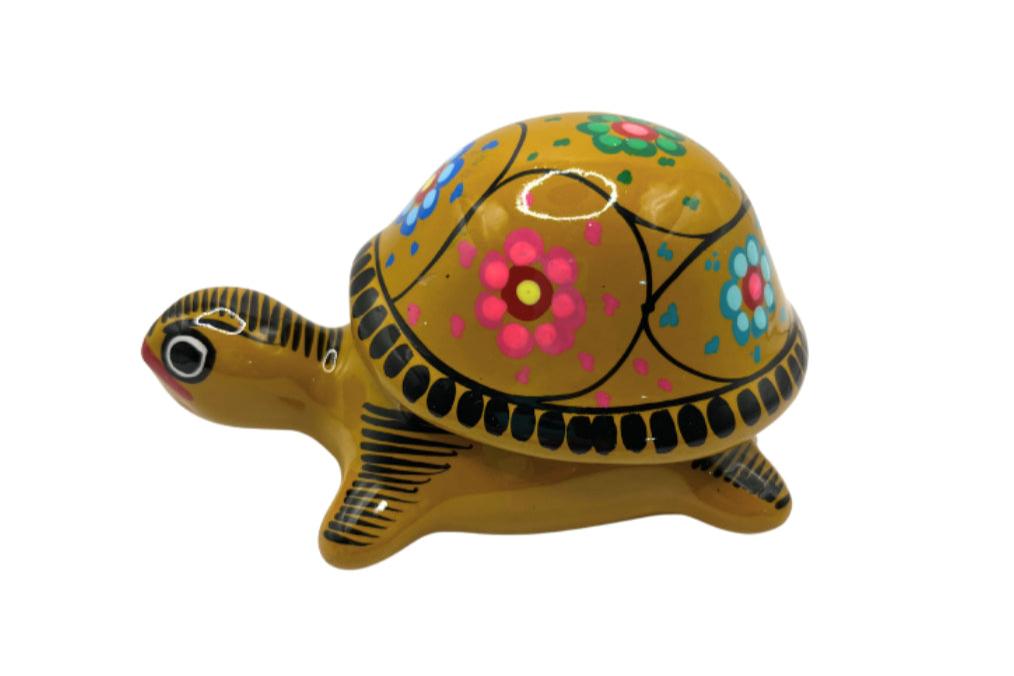 Mexican Folk Art Clay Pottery Turtle Trinket Dish Tan Hand Painted