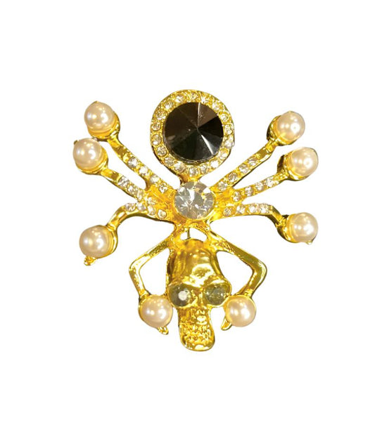 Golden Spider Rhinestone Skull Costume Pin