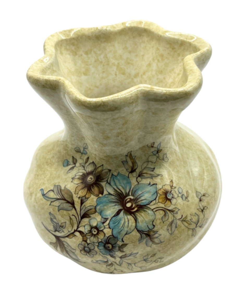 “Handarbeit” Made by Hand Germany Studio Pottery Bag Ruffled Vase with Blue Floral