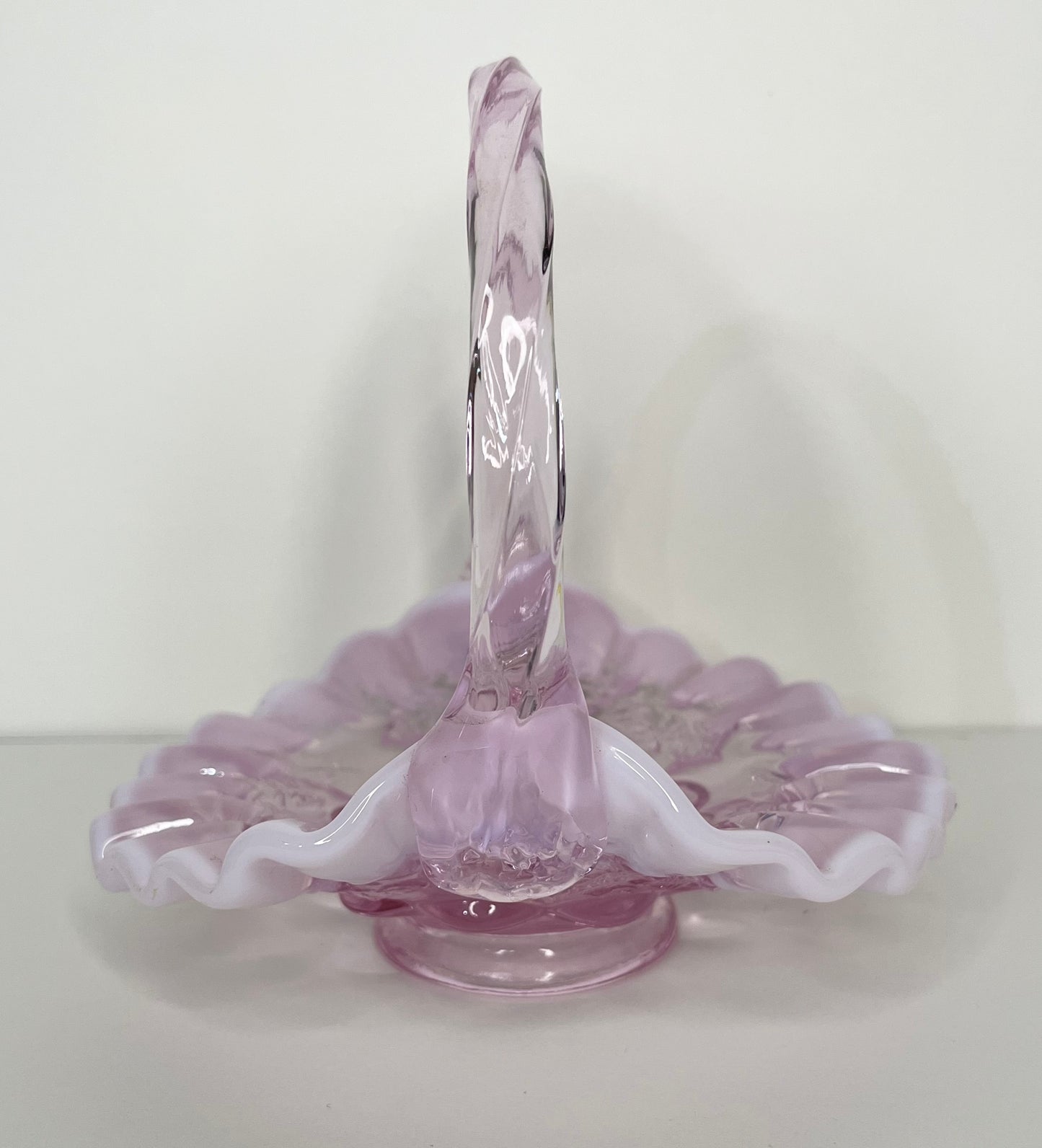 Fenton Pink Opalescent Ruffled Small Glass Basket With Twist Optic Handle