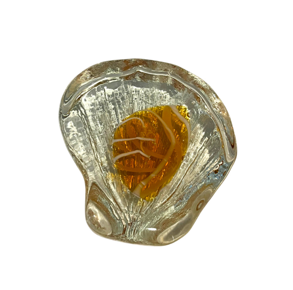 Solid Glass Scallop Sea Shell With Gold and White Color Detail Paperweight