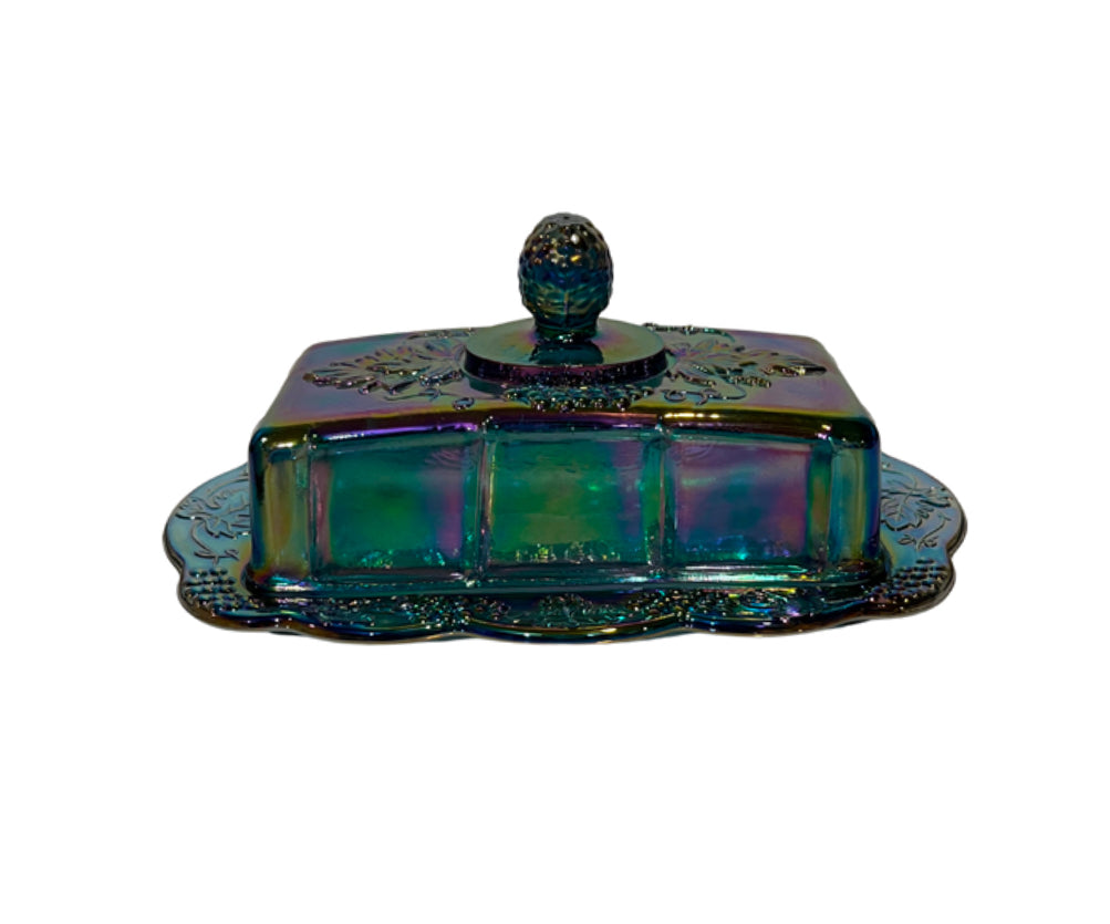 Vintage Blue Iridescent Indiana Carnival Glass  Butter Dish with Original Box