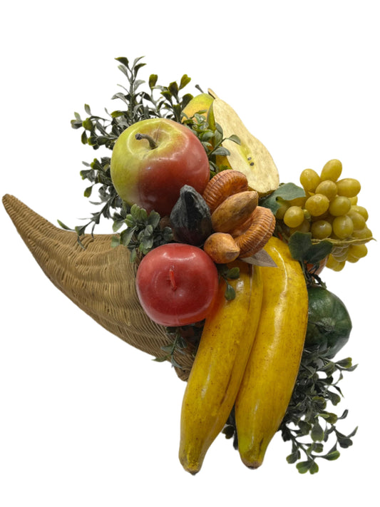 VNT Autumn Wicker Cornucopia with Rubber Fruit and Veggies