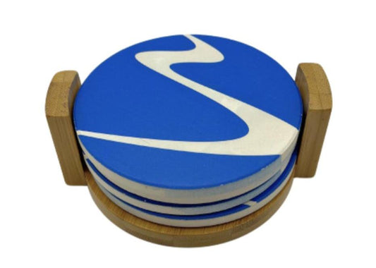 Groovy Wave Stripped Blue Coasters with Bamboo  Caddy