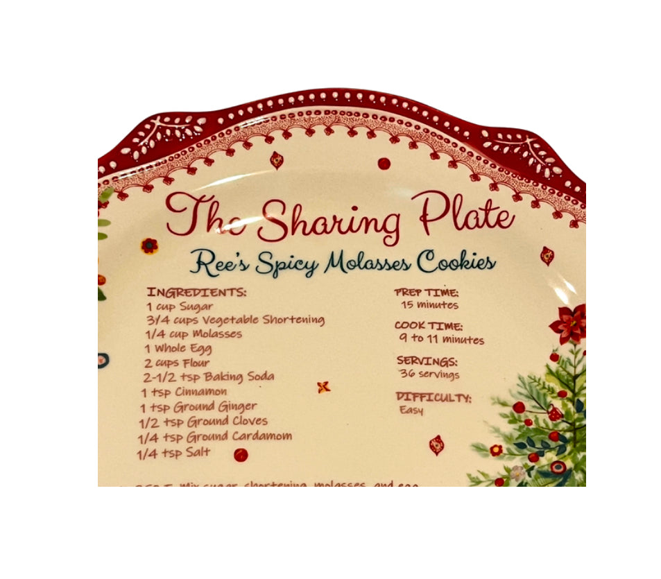 NEW 12"  Pioneer Woman Cheerful Rose Christmas Sharing Plate Ree's Spicy Molasses  Cookies