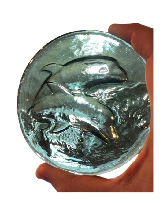 4" Vintage Double Dolphin Viking Sea Green Glass Paperweight