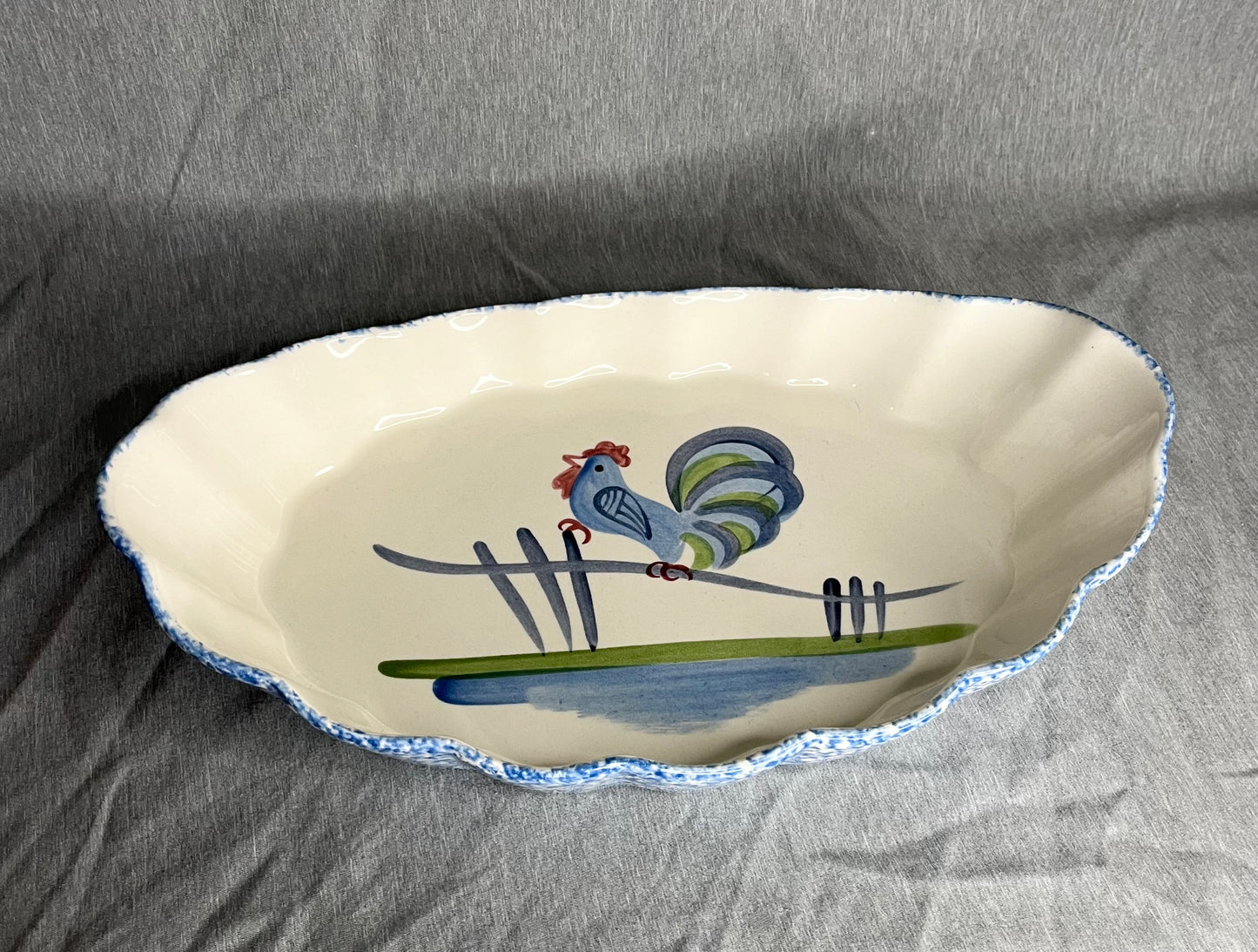 Los Angeles Potteries "Blue Stipple with Rooster"  Serving Bowl Rippled Edge