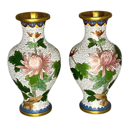 Pair of Mirrored Design White Cloisonné Vases