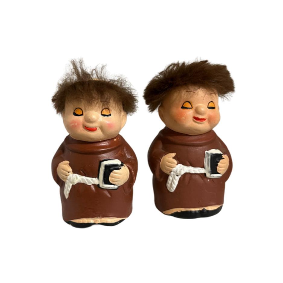 Adorable Vintage Friar Tuck Monk Salt and Pepper Shakers with Hair