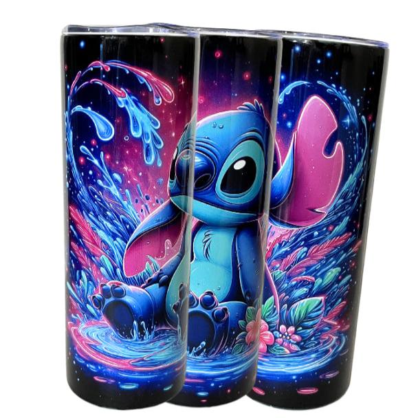 Custom Made Steel Tumbler- Neon Splash with Stitch