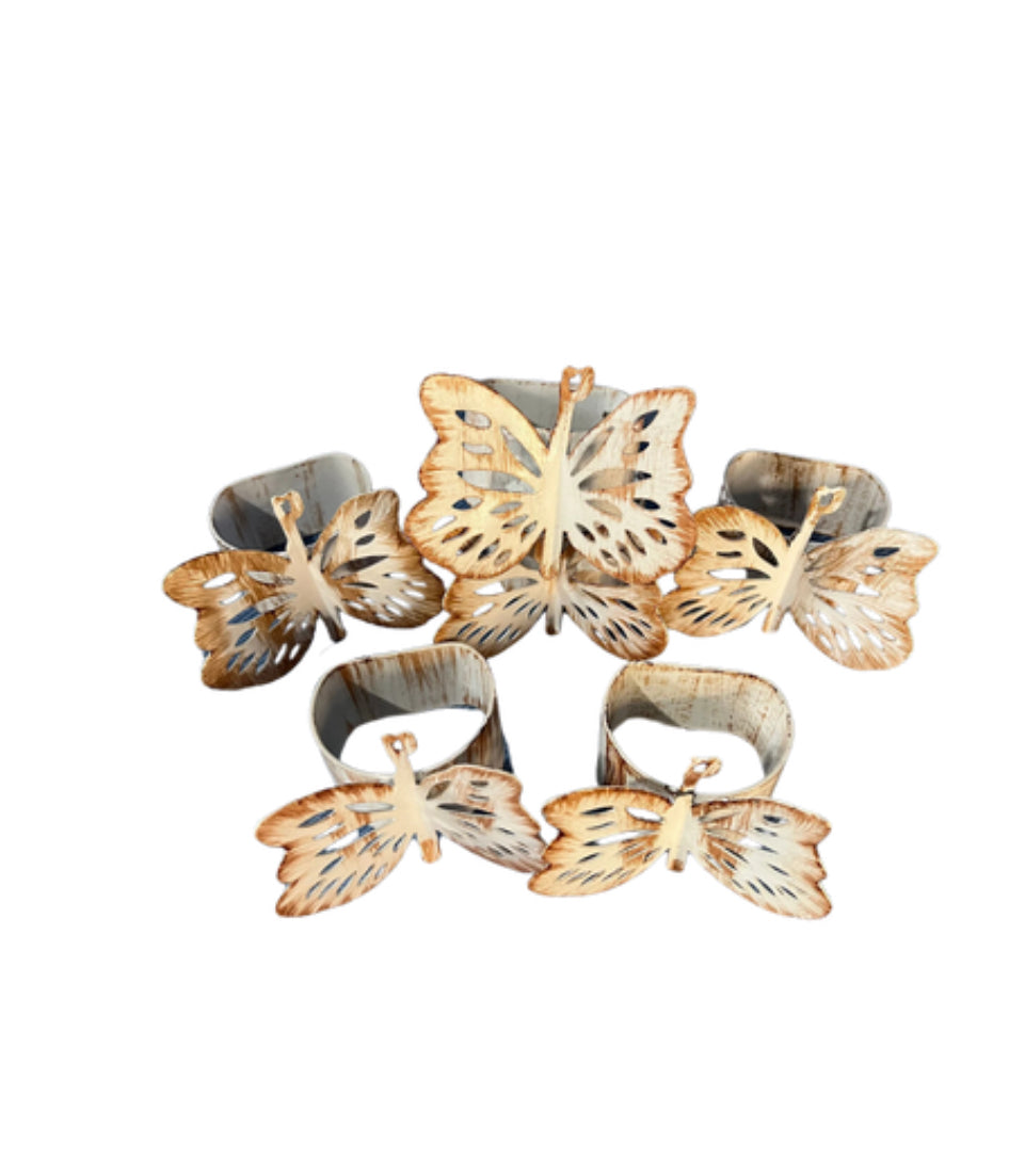 6 Metal Butterfly Napkin Rings Off White Beige