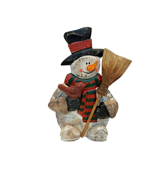 Handcrafted Free Standing Wood  Snowman with Cardinal