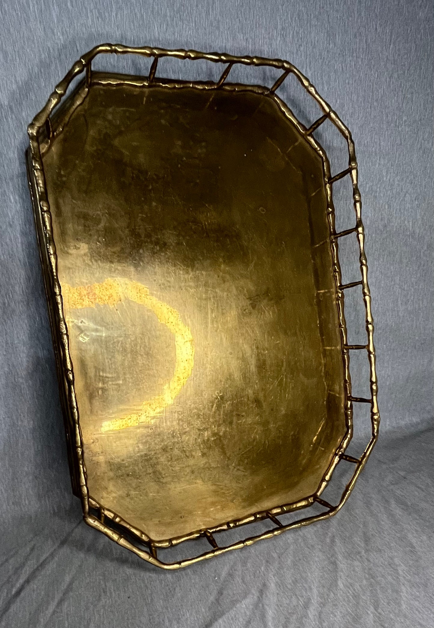 Large Brass with Faux Bamboo Elongated Octagonal Serving Tray