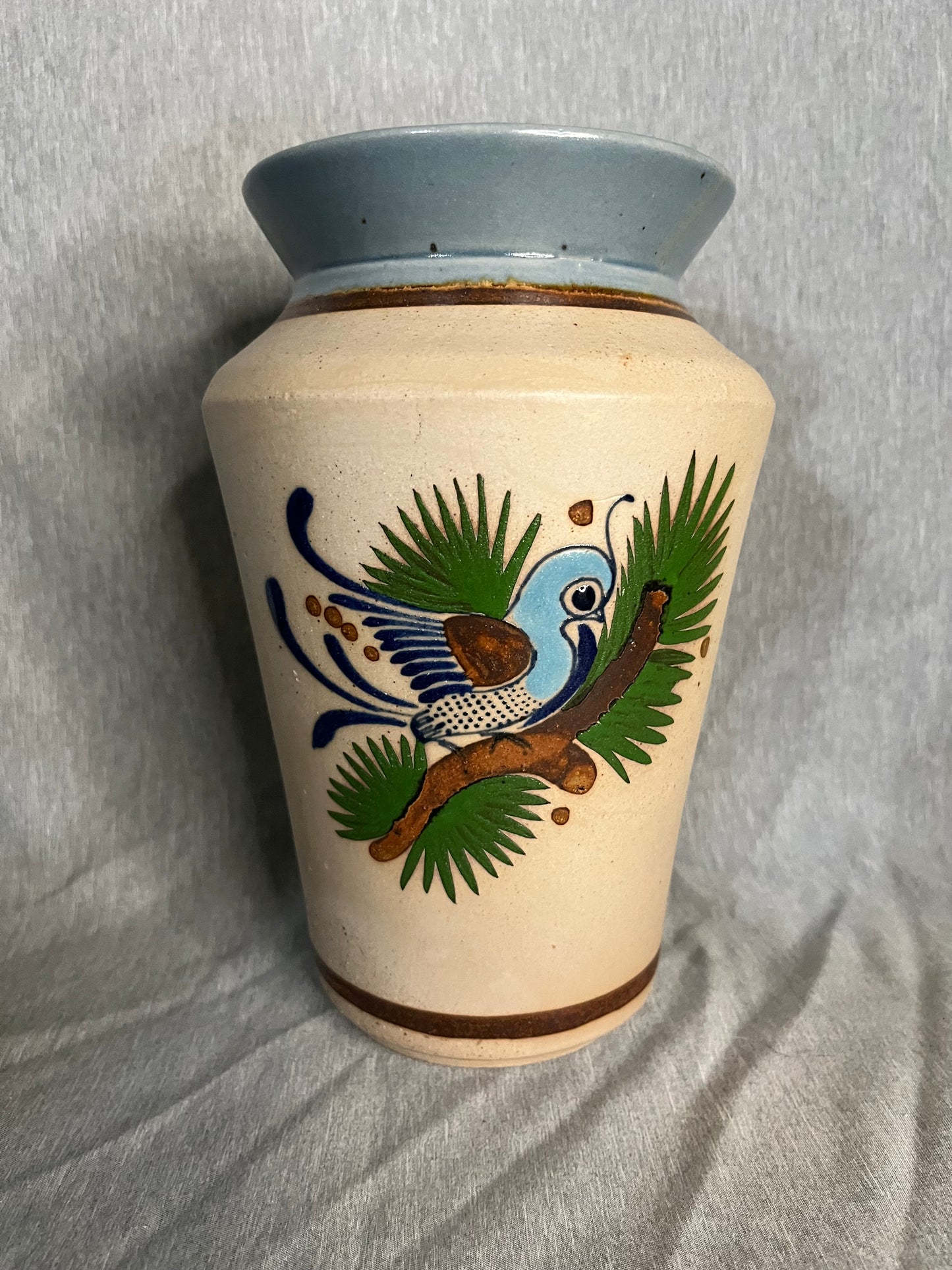 Tonala Folk Art Pottery Sandstone Bird Floral Vase