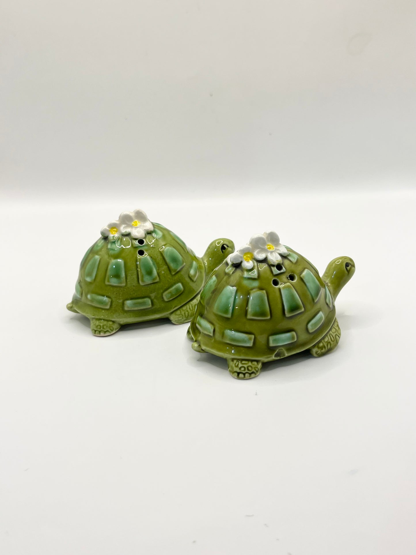 Precious Vintage Turtle Salt & Pepper Shakers with Flower Accents  made in Japan