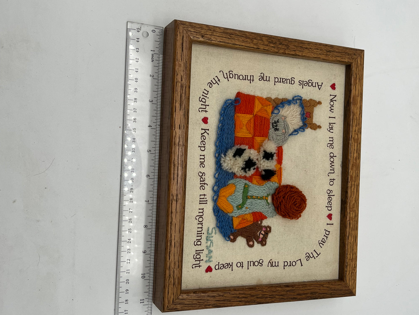 Late 80s “Now I lay me down to Sleep” Needle Crewel Frame Art Work