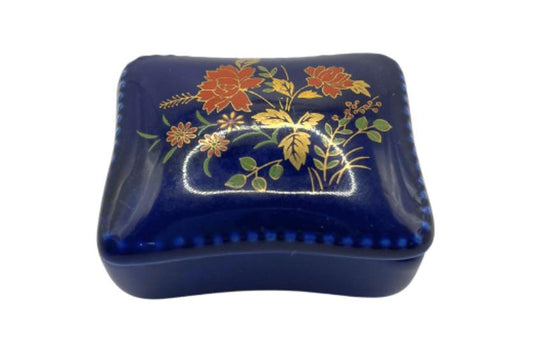 Vintage Rectangle Miniature  Cobalt Blue Porcelain Trinket Lidded Dish