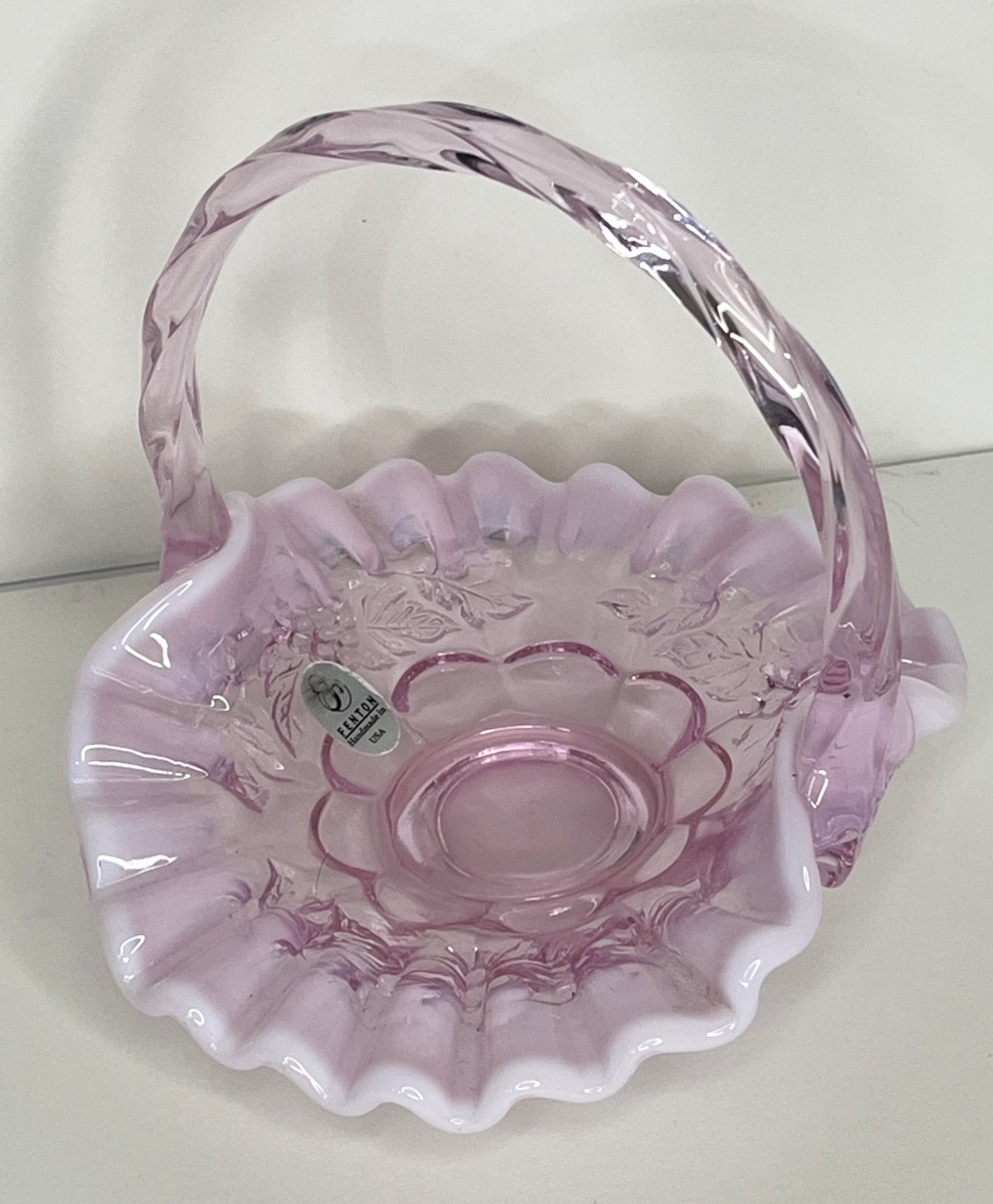 Fenton Pink Opalescent Ruffled Small Glass Basket With Twist Optic Handle