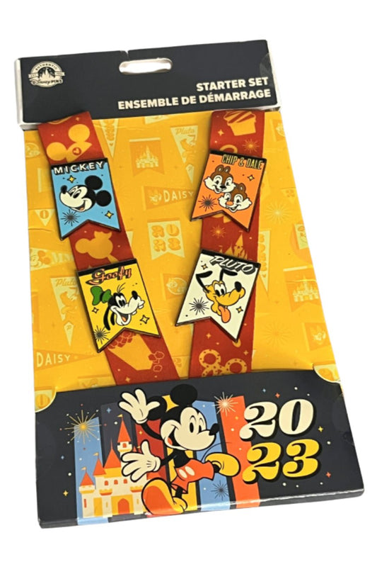 Disney Parks 2023 Mickey & Friends Pin Trading Starter Set Lanyard with 4 Pins