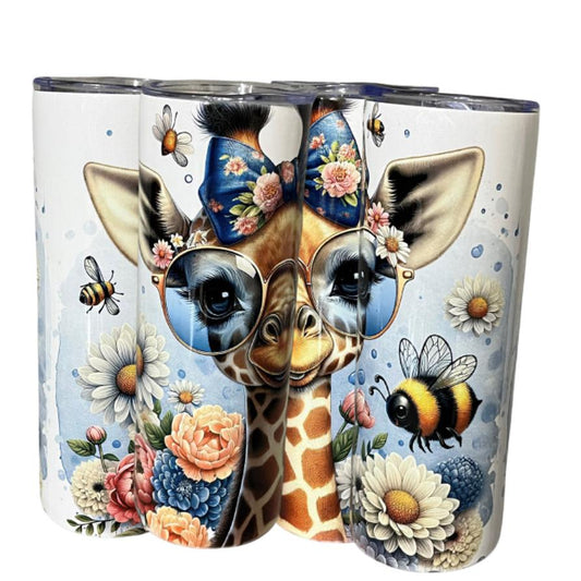 Custom Made Steel Tumbler- Giraffe with Bumblebees