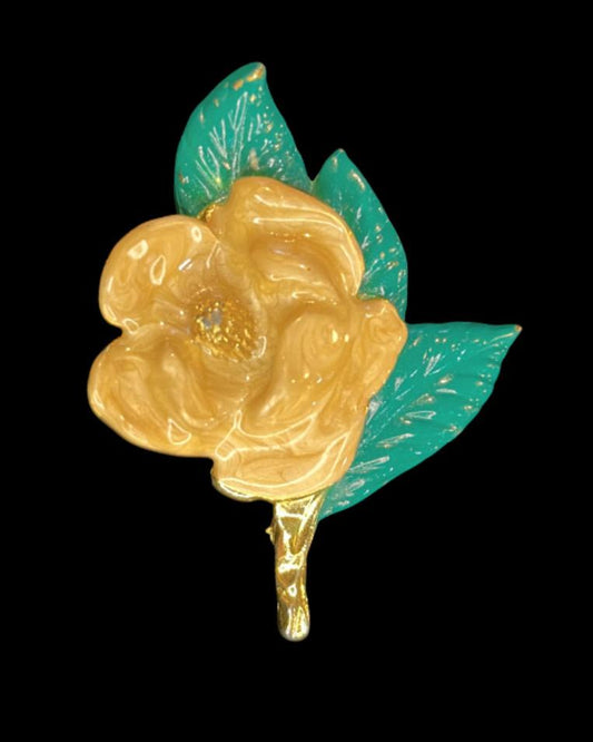 Vintage Rose Pin Brooch 
Yellow Green Enamel Gold Made in USA Signed