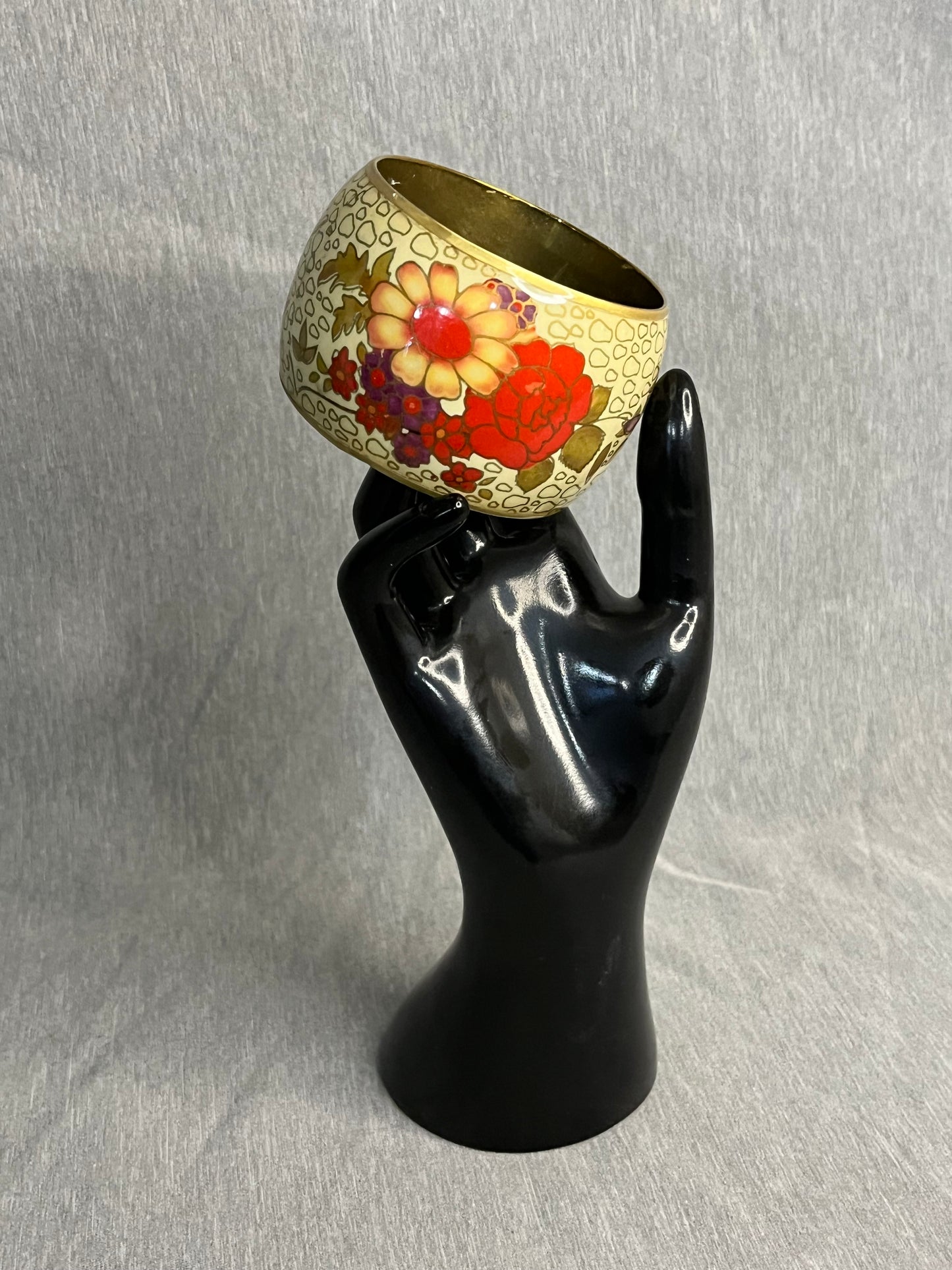 Vintage Enamel Floral Cuff Bracelet Brass Undertone