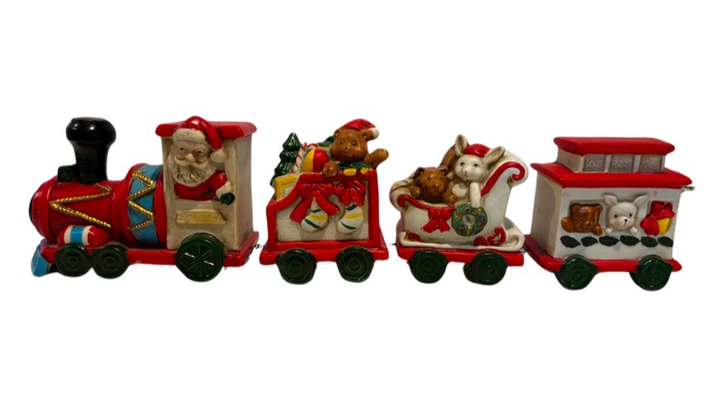 Vintage Hand Painted Porcelain Bisque Santa Christmas Toy Train