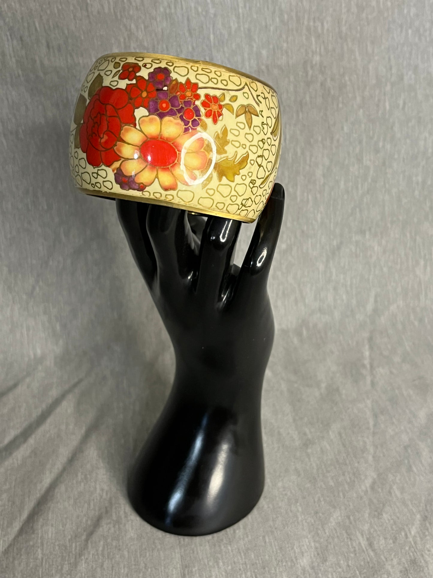 Vintage Enamel Floral Cuff Bracelet Brass Undertone