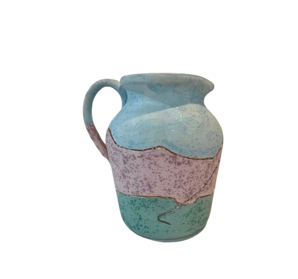 1991 Vintage Southwestern Blue Pastel Pottery Pitcher with Handle Signed