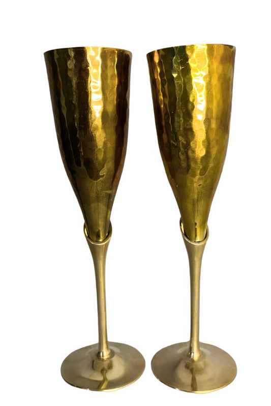 Pair of Vintage Hammered Brass Champagne Stemware Glasses