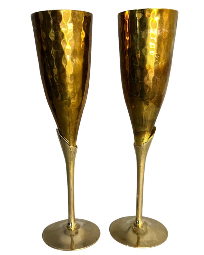 Pair of Vintage Hammered Brass Champagne Stemware Glasses