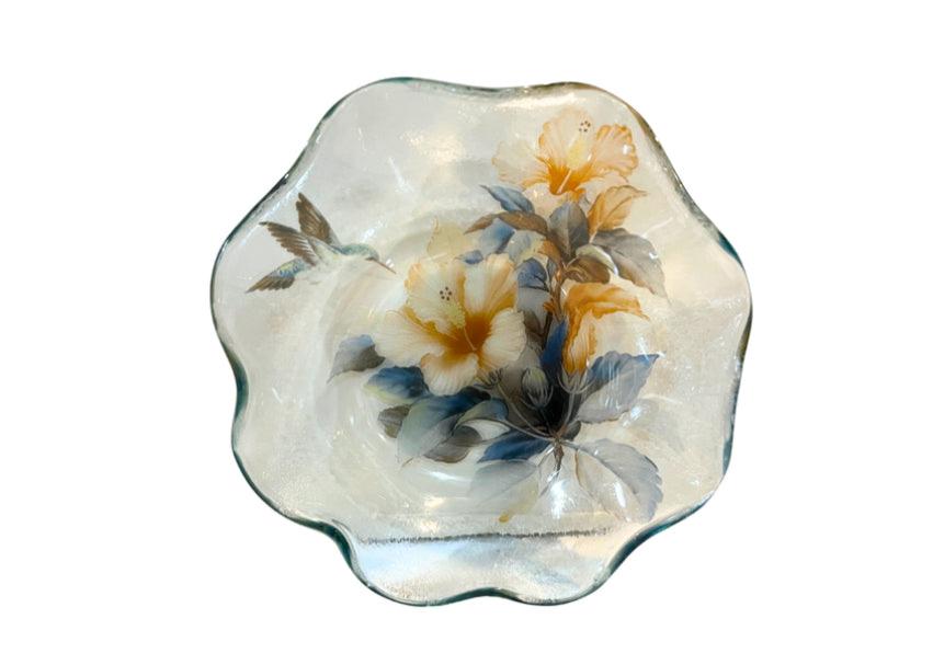 Beautiful Floral Hummingbird Themed Trinket Glass Dish