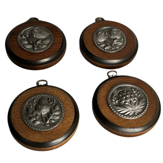 Set of 4 Colonial Pewter & Wood Wall Plaques by Peter Roberts