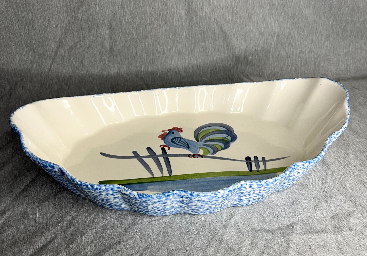 Los Angeles Potteries "Blue Stipple with Rooster"  Serving Bowl Rippled Edge