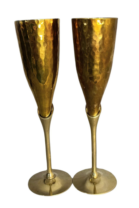 Pair of Vintage Hammered Brass Champagne Stemware Glasses