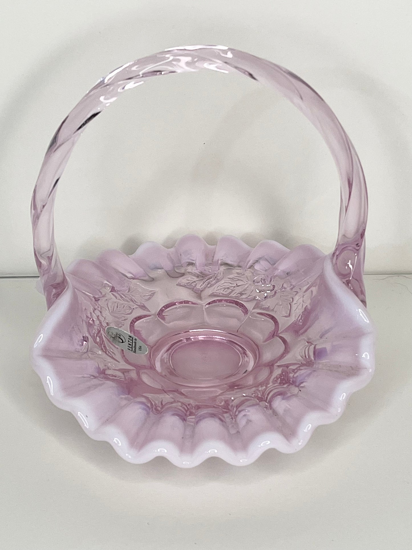 Fenton Pink Opalescent Ruffled Small Glass Basket With Twist Optic Handle