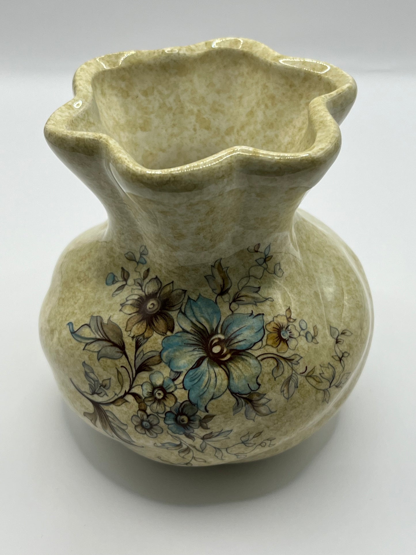 “Handarbeit” Made by Hand Germany Studio Pottery Bag Ruffled Vase with Blue Floral