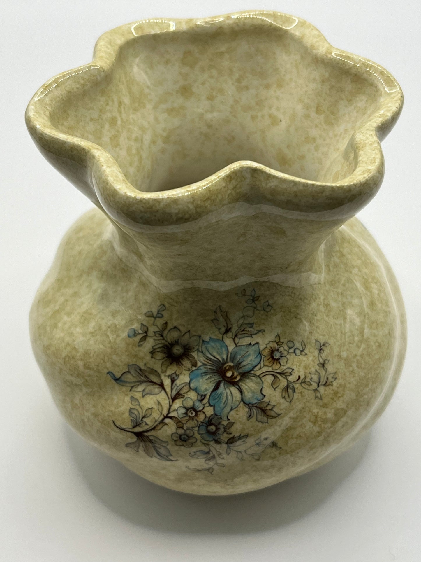 “Handarbeit” Made by Hand Germany Studio Pottery Bag Ruffled Vase with Blue Floral