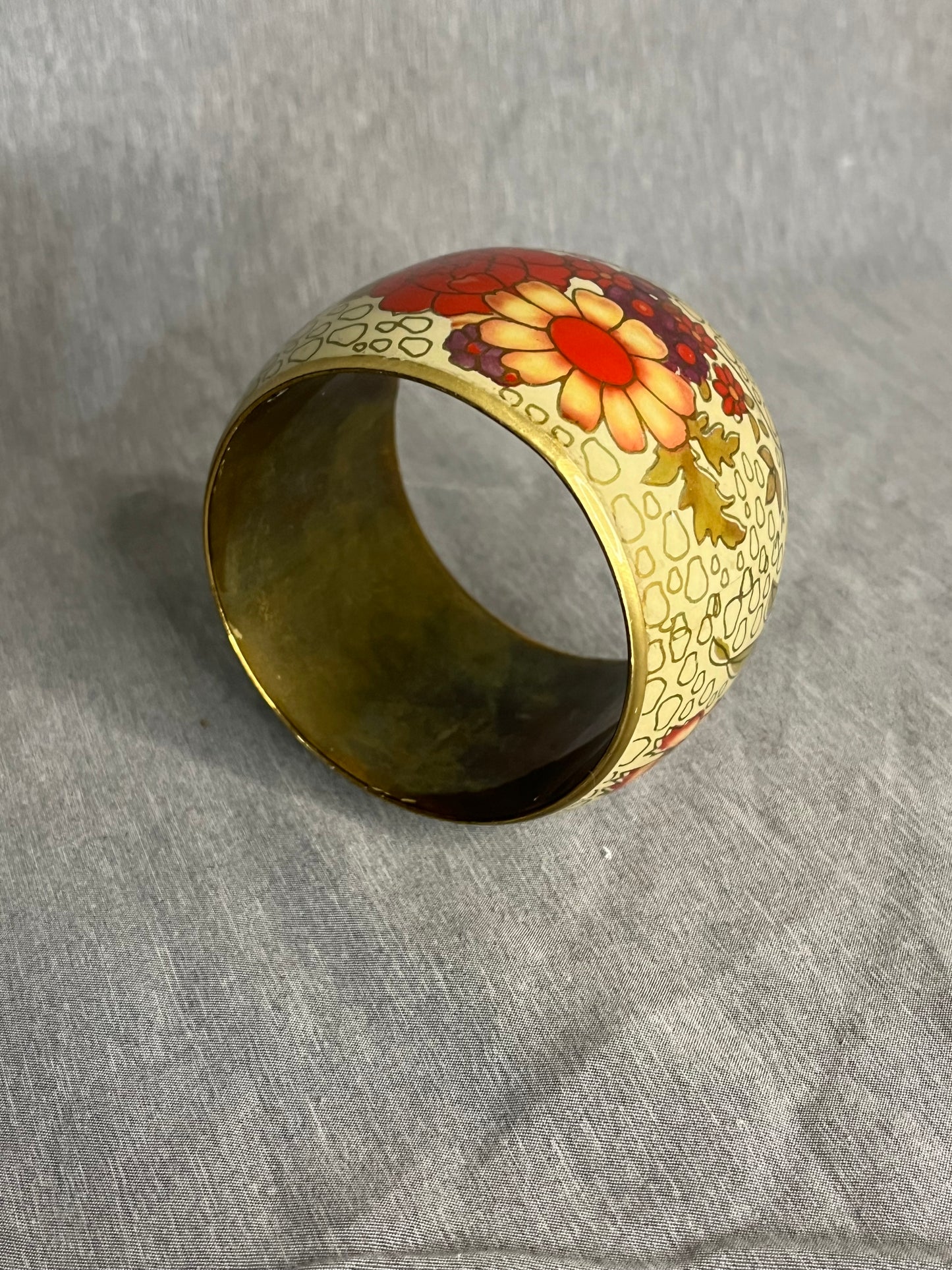 Vintage Enamel Floral Cuff Bracelet Brass Undertone