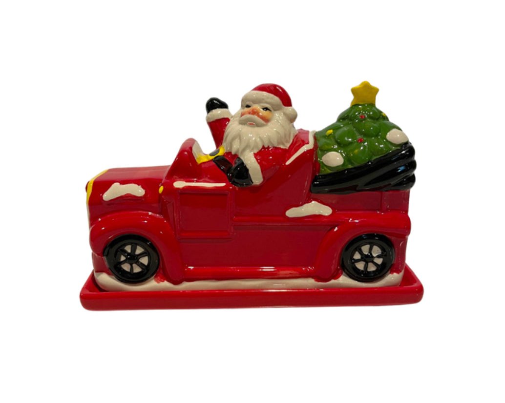 New Global Designs Santa Driving Red Truck Butter Dish Center Piece