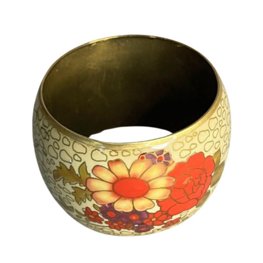 Vintage Enamel Floral Cuff Bracelet Brass Undertone