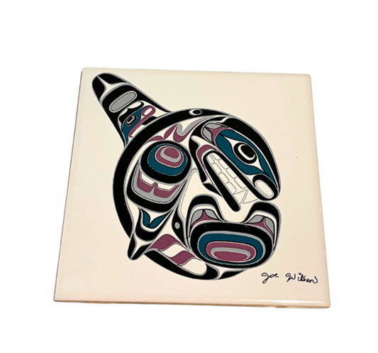 New Joe Wilson Signed Vintage Indigenous  Orca Art Ceramic Tile Trivet