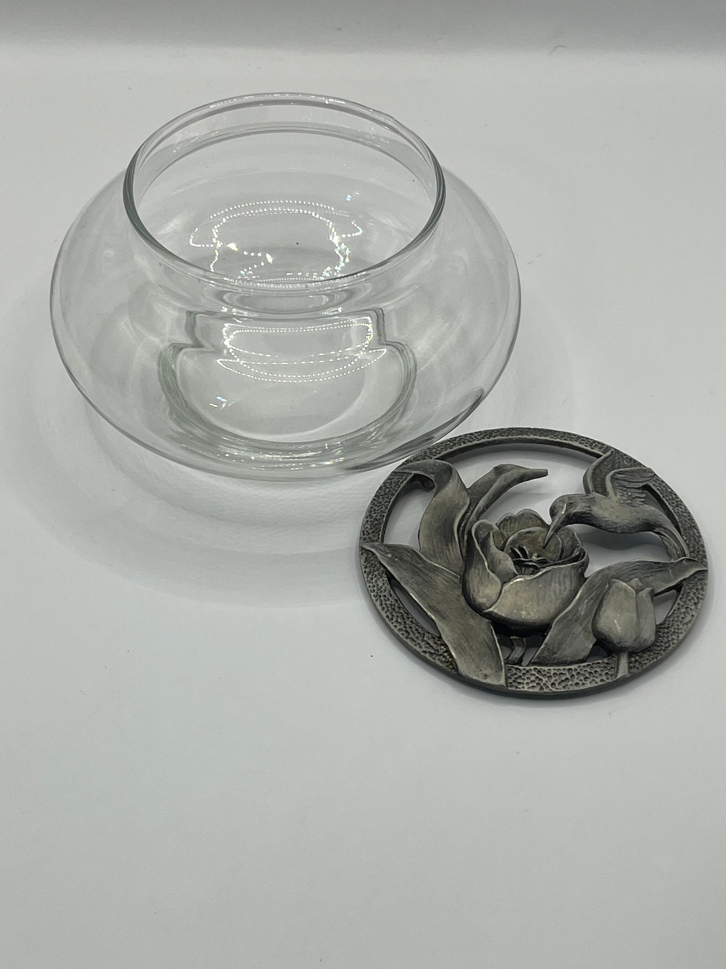 1986 IN T'L C&M Pewter Glass Potpourri Dish with Floral Hummingbird