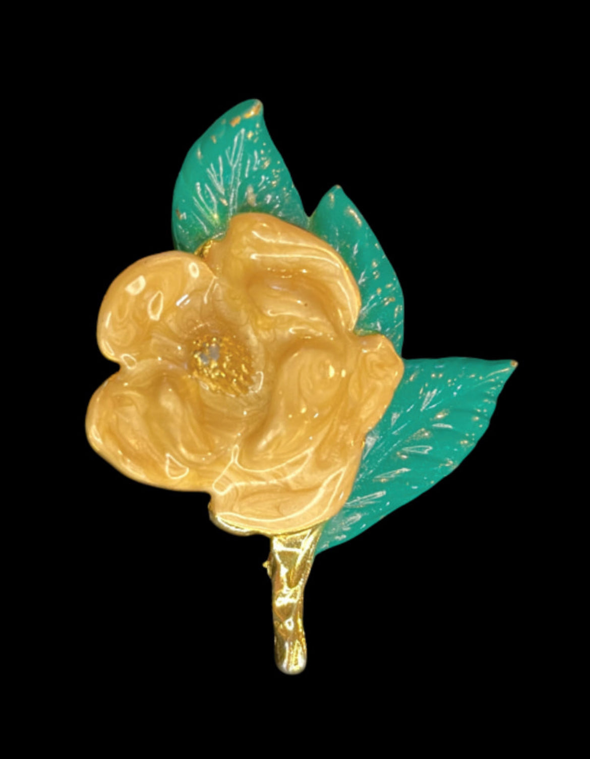 Vintage Rose Pin Brooch 
Yellow Green Enamel Gold Made in USA Signed