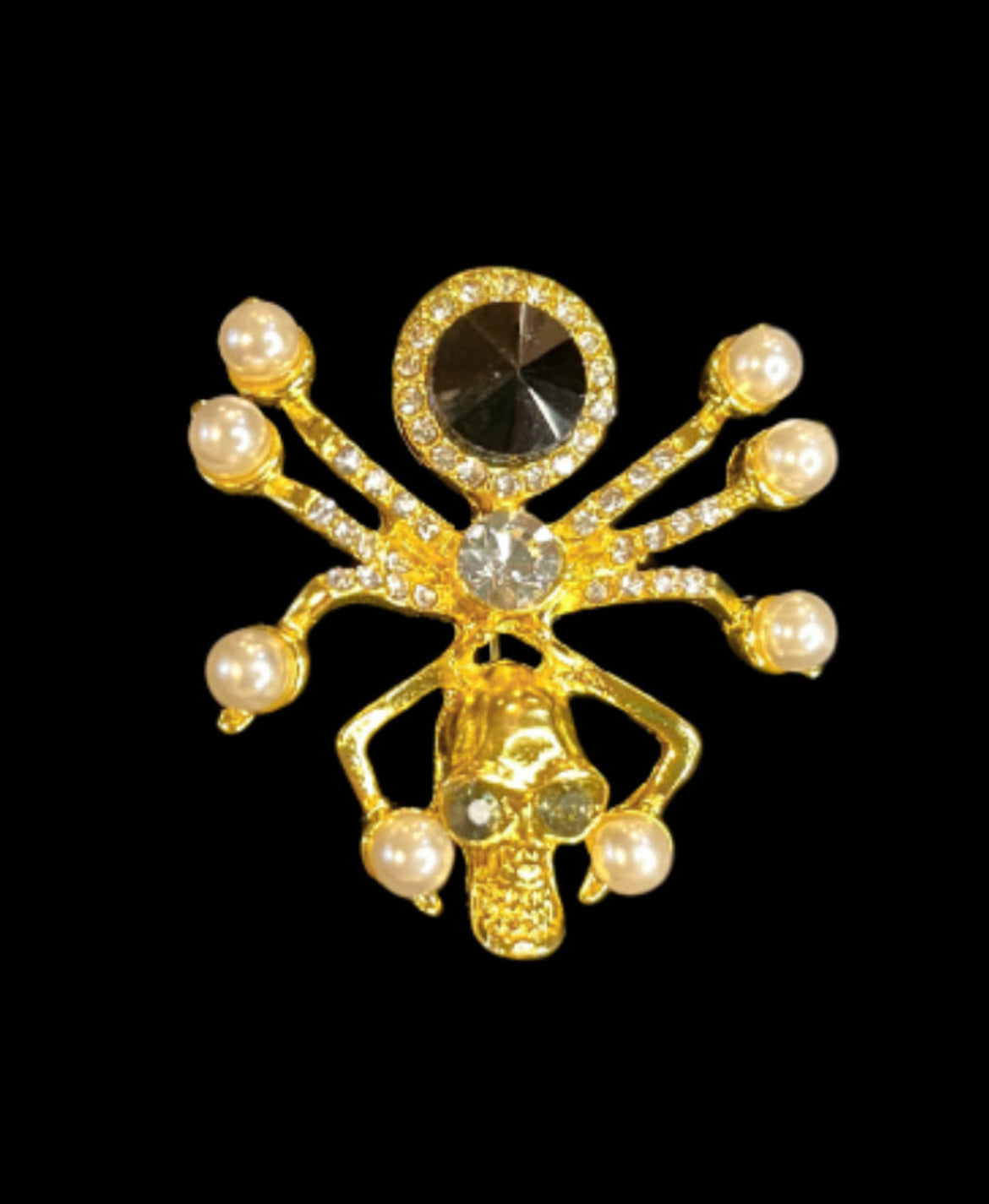 Golden Spider Rhinestone Skull Costume Pin