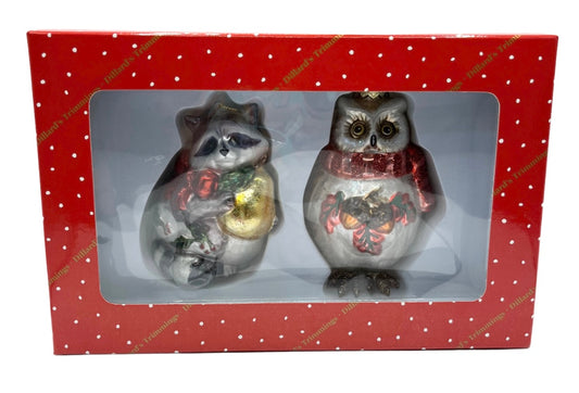 NEW Dillards Trimmings Handblown Glass Christmas Owl and Raccoon Ornaments