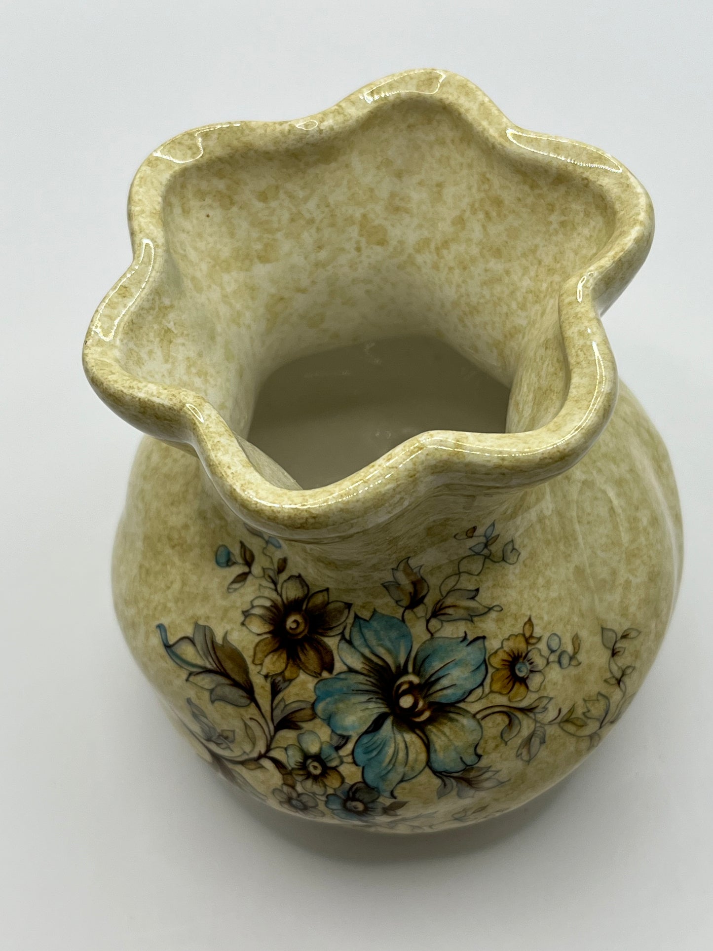 “Handarbeit” Made by Hand Germany Studio Pottery Bag Ruffled Vase with Blue Floral